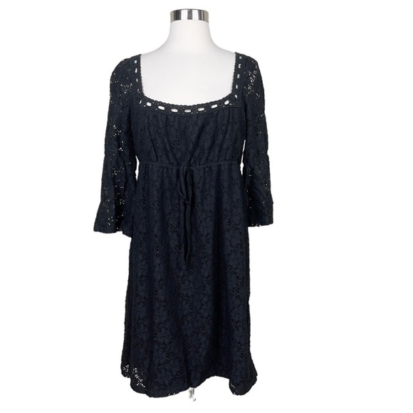 Laundry by Design Black Mini Dress Lace 3/4 Sleeve Tie Waist Women's Size M - Picture 1 of 6